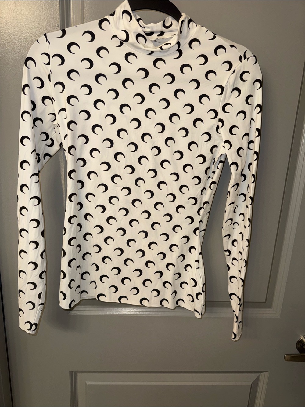 Marine Serre White Long-Sleeve Mock Neck Top with Black Crescent Moon